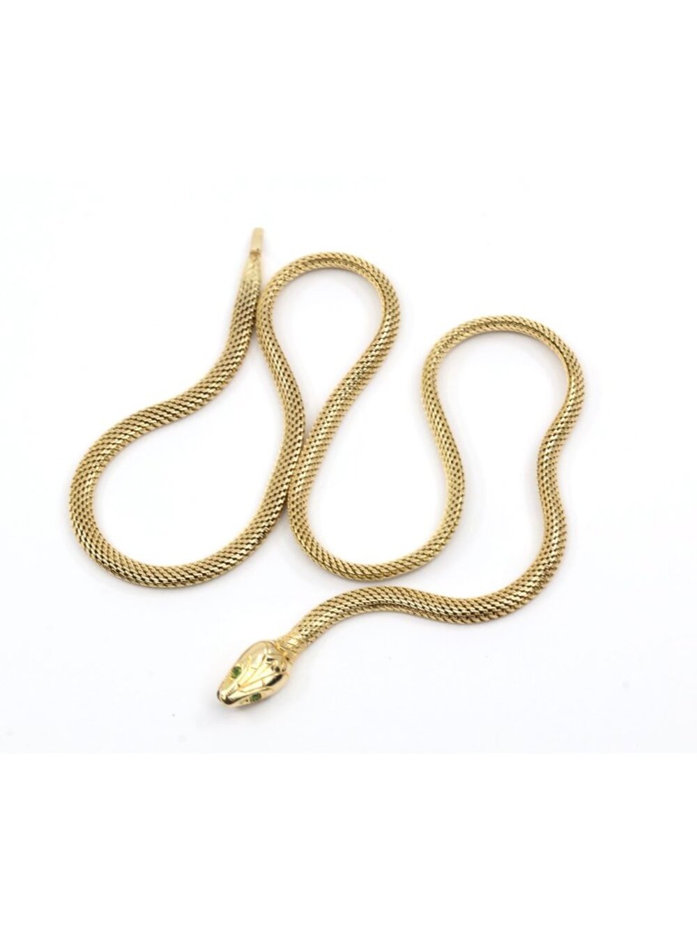 Unique 14K Solid Yellow Gold Mesh Snake Peridot Eyes Chain Necklace - 17" Length